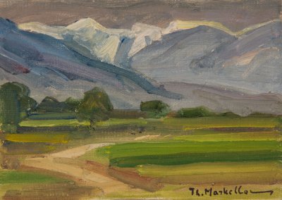 Field with Snowy Mountains (Composition) — Oil painting, Fiberboard, 13.00×18.00cm — Theodoros Markellos